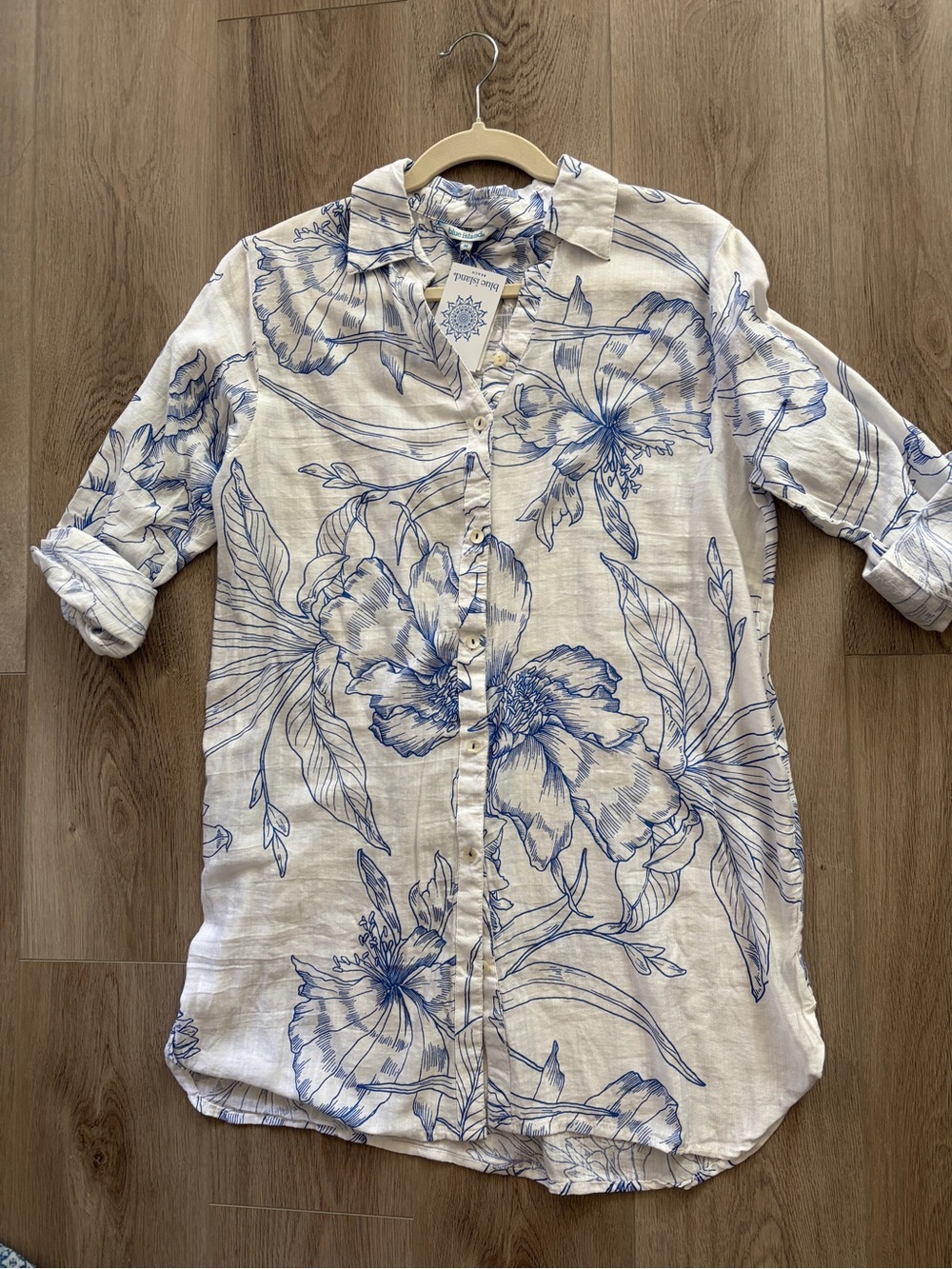Blue Island Lightweight Floral Button-Up Sun Swim Cover Up in Blue White
